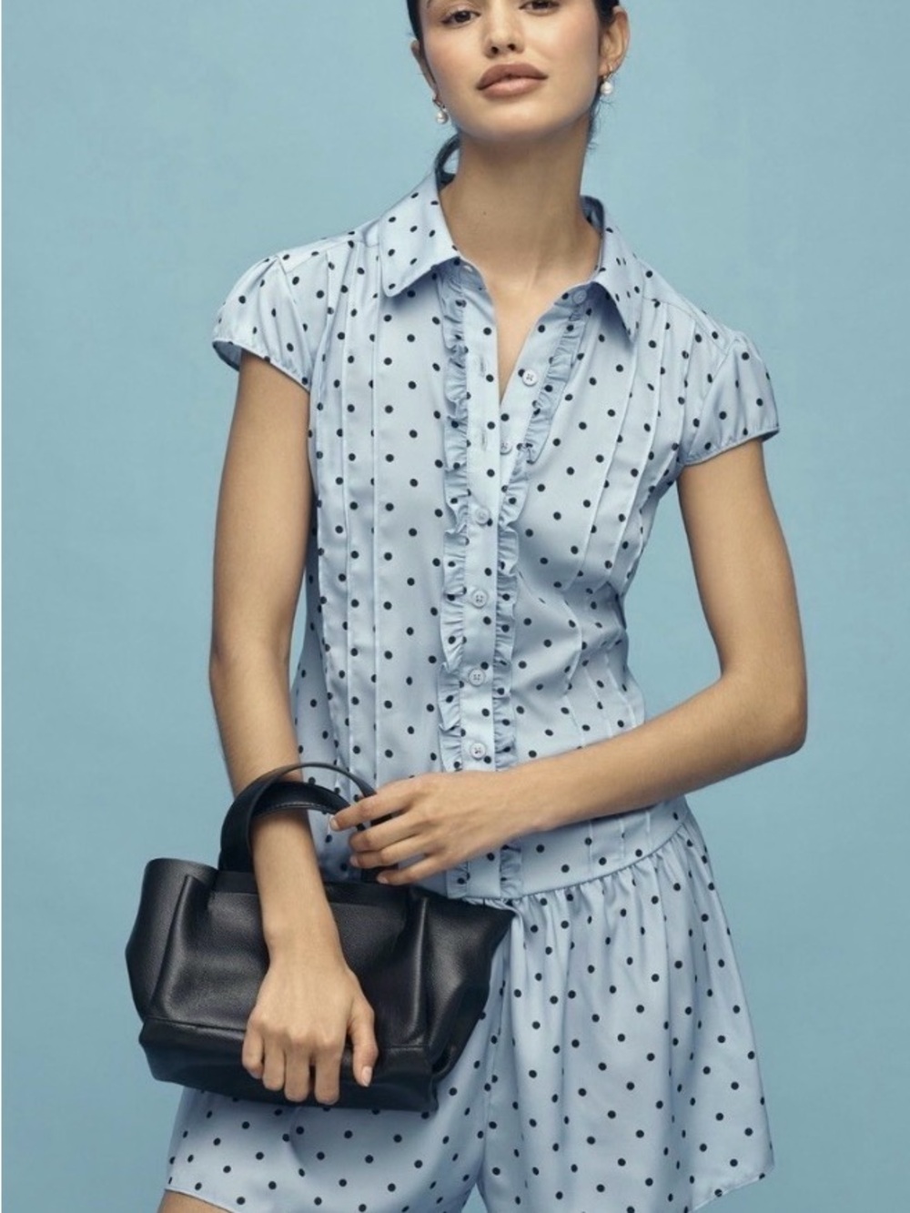 NWT Anthropologie / Maeve Light Blue Polka Dot Ruffle-Front Romper